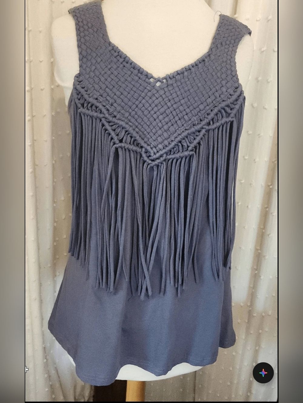 T16 MUR MUR Fringed Woven Yoke Western Tank Top w lace inset back - Slate Blue